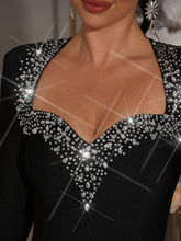 Modphy Elegant Sparkling Rhinestone Heart-Neck Long Sleeve Mermaid Hem Long Dress, Formal Evening Party Gown